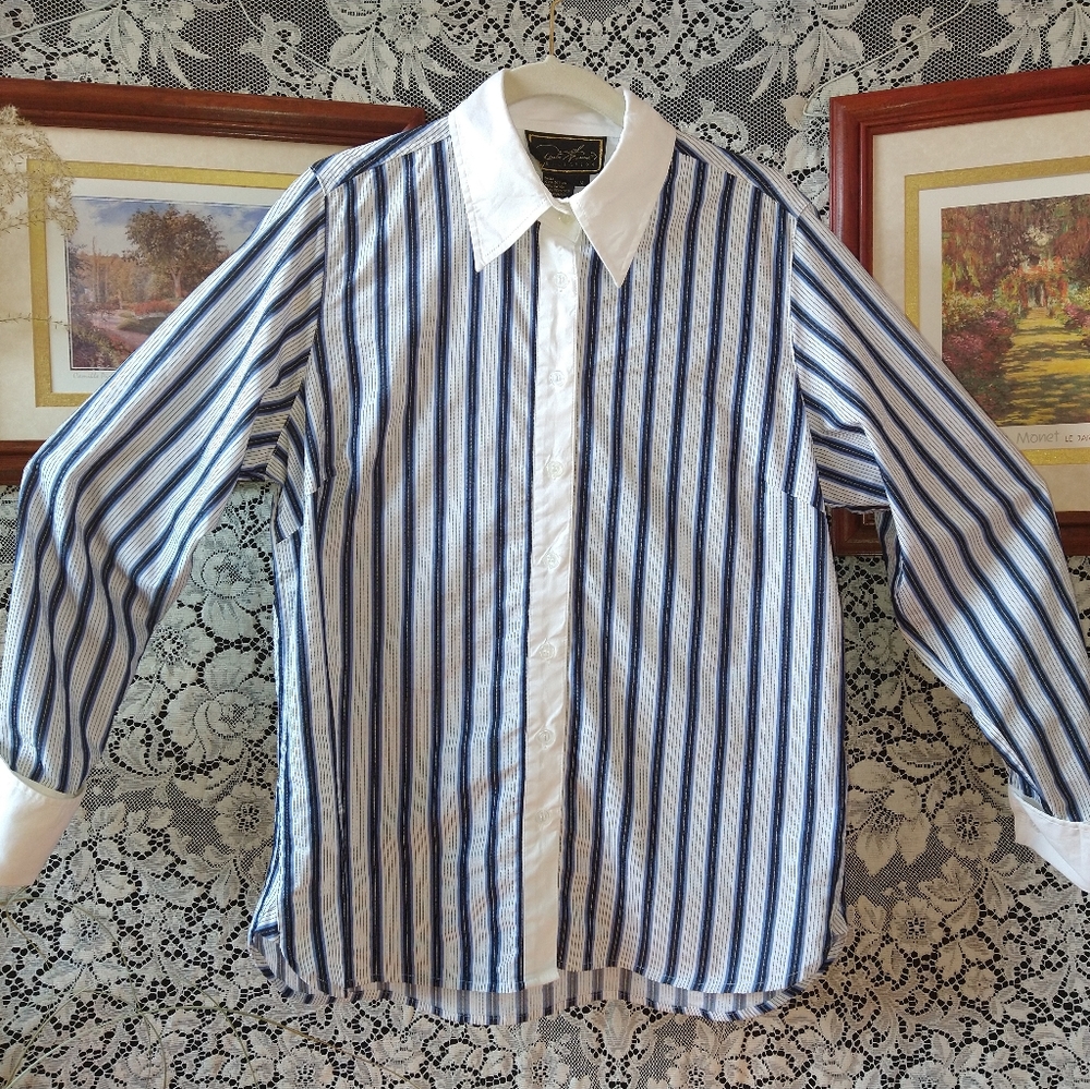 Diane Gilman blue navy white striped shirt vintage long sleeve button up stretch